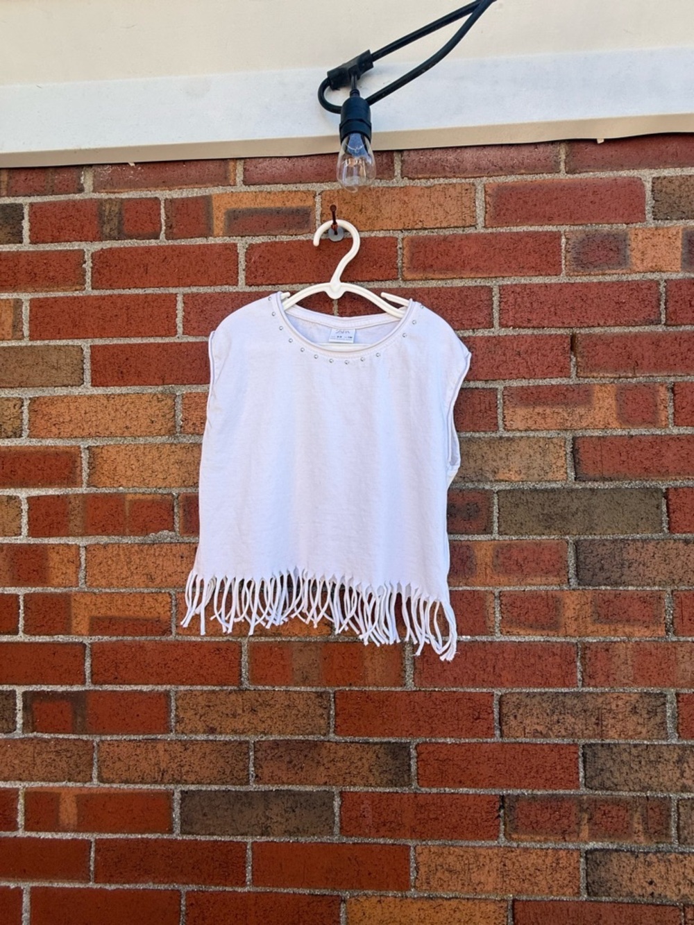 Zara Girls White Fringe Hem Studded Crop Top Size 8-9 Boho Festival